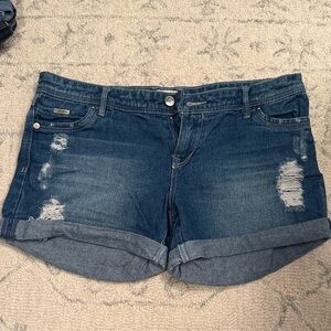 stradivarius Dark Blue Distressed Rolled Hem Denim Shorts